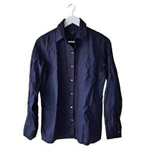 Talbots Blouse 100% Linen Eyelet Button Down Shirt Top Navy Blue Womens Size XS